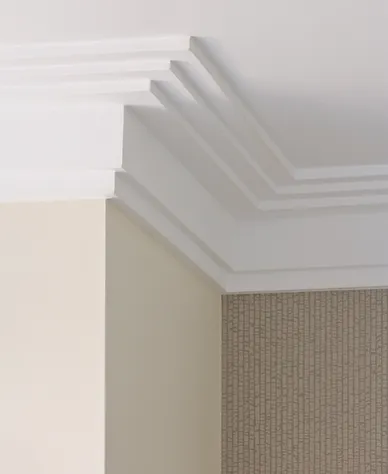 A ceiling painted with white paint with a styled corners on it.